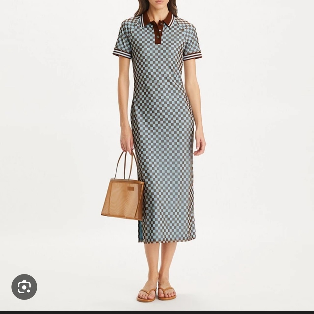 NWT Tory Burch Sport Checkered Mesh Maxi Dress size small blue brown $495